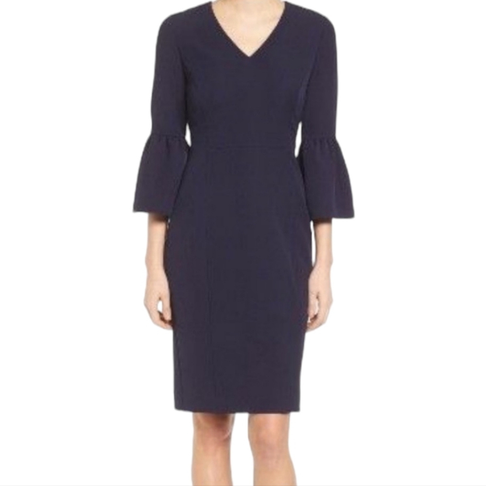Emerson Rose Navy Blue V-Neck Bell Sleeve Sheath Knee Length Dress Size 2 Career - Picture 5 of 7